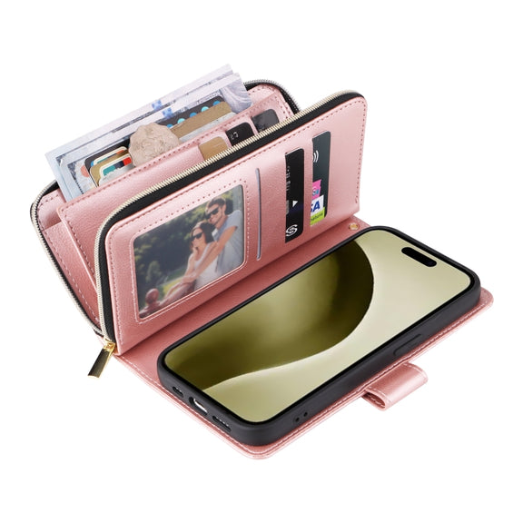 For iPhone 16 Pro 9 Card Slots Zipper Wallet Bag Leather Phone Case(Rose Gold)