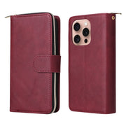 For iPhone 16 Pro 9 Card Slots Zipper Wallet Bag Leather Phone Case(Wine Red)