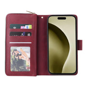 For iPhone 16 Pro 9 Card Slots Zipper Wallet Bag Leather Phone Case(Wine Red)