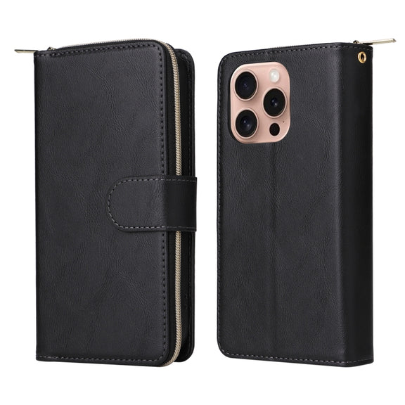 For iPhone 16 Pro 9 Card Slots Zipper Wallet Bag Leather Phone Case(Black)
