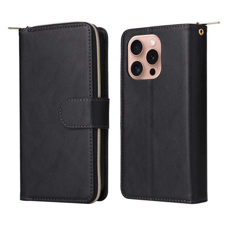 For iPhone 16 Pro 9 Card Slots Zipper Wallet Bag Leather Phone Case(Black)