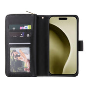 For iPhone 16 Pro 9 Card Slots Zipper Wallet Bag Leather Phone Case(Black)