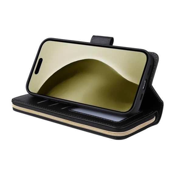 For iPhone 16 Pro 9 Card Slots Zipper Wallet Bag Leather Phone Case(Black)