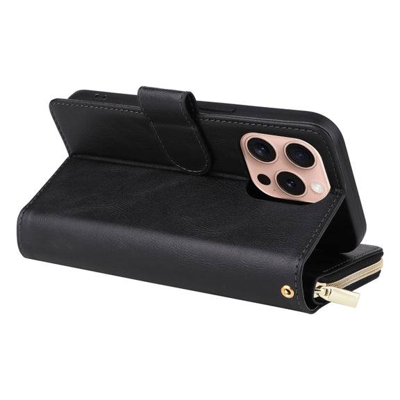 For iPhone 16 Pro 9 Card Slots Zipper Wallet Bag Leather Phone Case(Black)