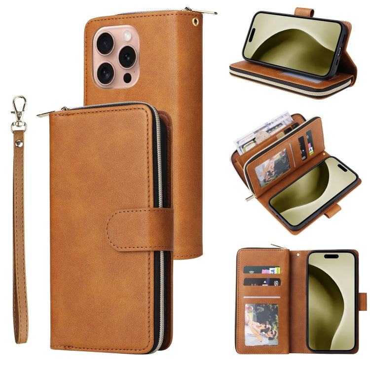 For iPhone 16 Pro 9 Card Slots Zipper Wallet Bag Leather Phone Case(Brown)