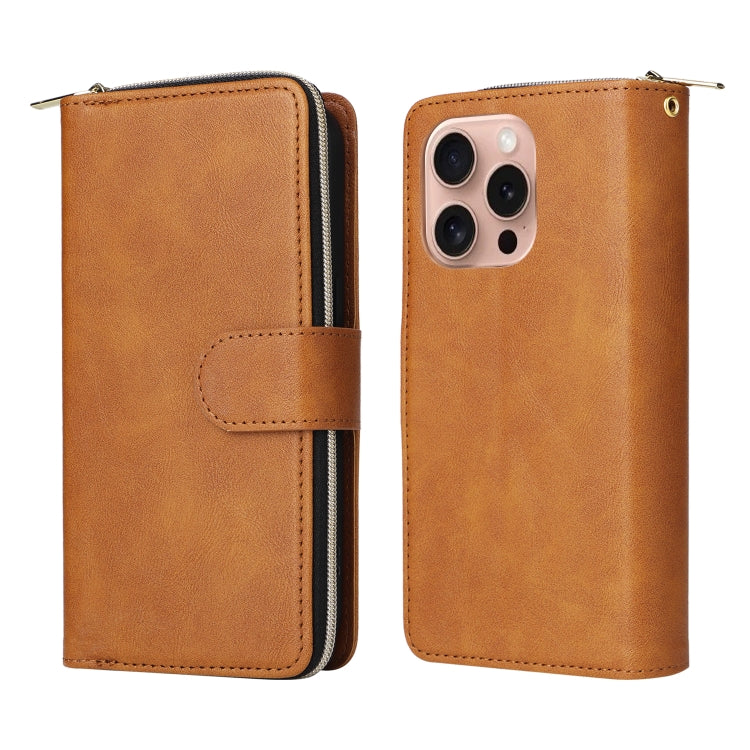 For iPhone 16 Pro 9 Card Slots Zipper Wallet Bag Leather Phone Case(Brown)