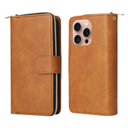 For iPhone 16 Pro 9 Card Slots Zipper Wallet Bag Leather Phone Case(Brown)