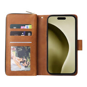For iPhone 16 Pro 9 Card Slots Zipper Wallet Bag Leather Phone Case(Brown)