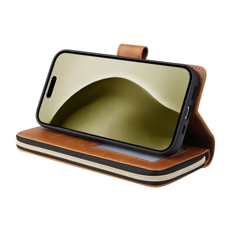 For iPhone 16 Pro 9 Card Slots Zipper Wallet Bag Leather Phone Case(Brown)
