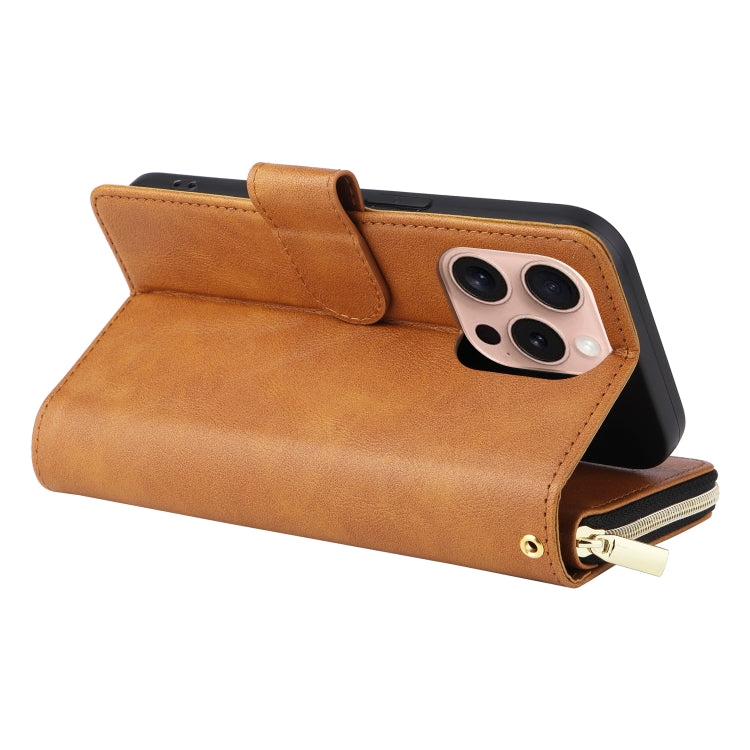 For iPhone 16 Pro 9 Card Slots Zipper Wallet Bag Leather Phone Case(Brown)