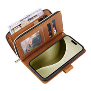 For iPhone 16 Pro 9 Card Slots Zipper Wallet Bag Leather Phone Case(Brown)
