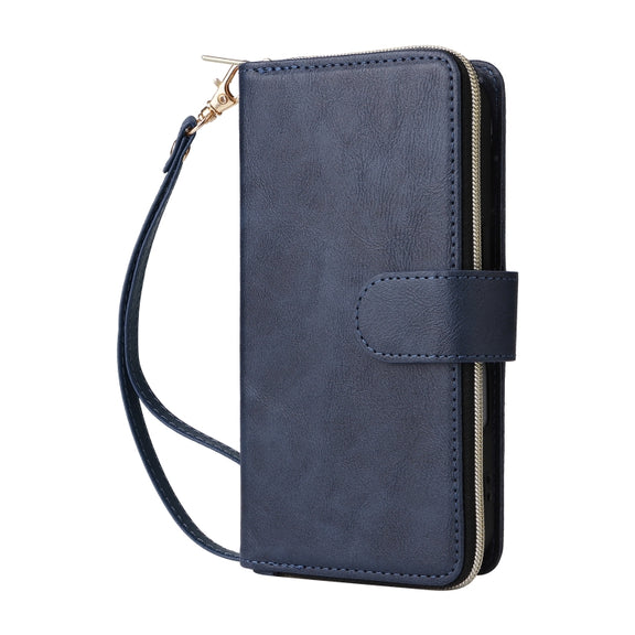 For iPhone 16 Plus 9 Card Slots Zipper Wallet Bag Leather Phone Case(Blue)