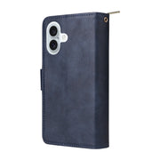 For iPhone 16 Plus 9 Card Slots Zipper Wallet Bag Leather Phone Case(Blue)