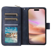 For iPhone 16 Plus 9 Card Slots Zipper Wallet Bag Leather Phone Case(Blue)