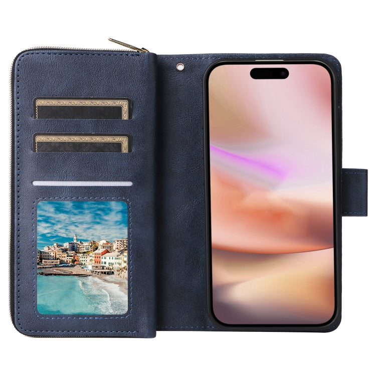For iPhone 16 Plus 9 Card Slots Zipper Wallet Bag Leather Phone Case(Blue)