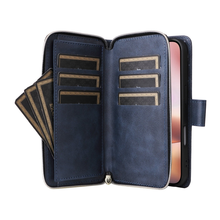 For iPhone 16 Plus 9 Card Slots Zipper Wallet Bag Leather Phone Case(Blue)