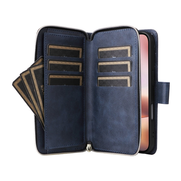 For iPhone 16 Plus 9 Card Slots Zipper Wallet Bag Leather Phone Case(Blue)