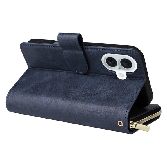 For iPhone 16 Plus 9 Card Slots Zipper Wallet Bag Leather Phone Case(Blue)