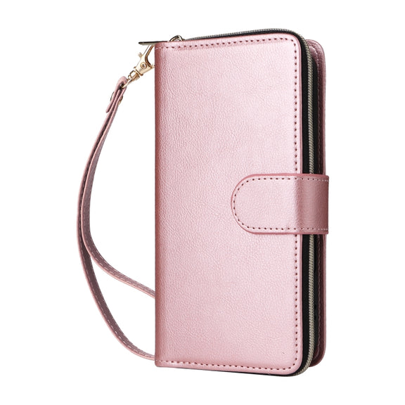 For iPhone 16 Plus 9 Card Slots Zipper Wallet Bag Leather Phone Case(Rose Gold)