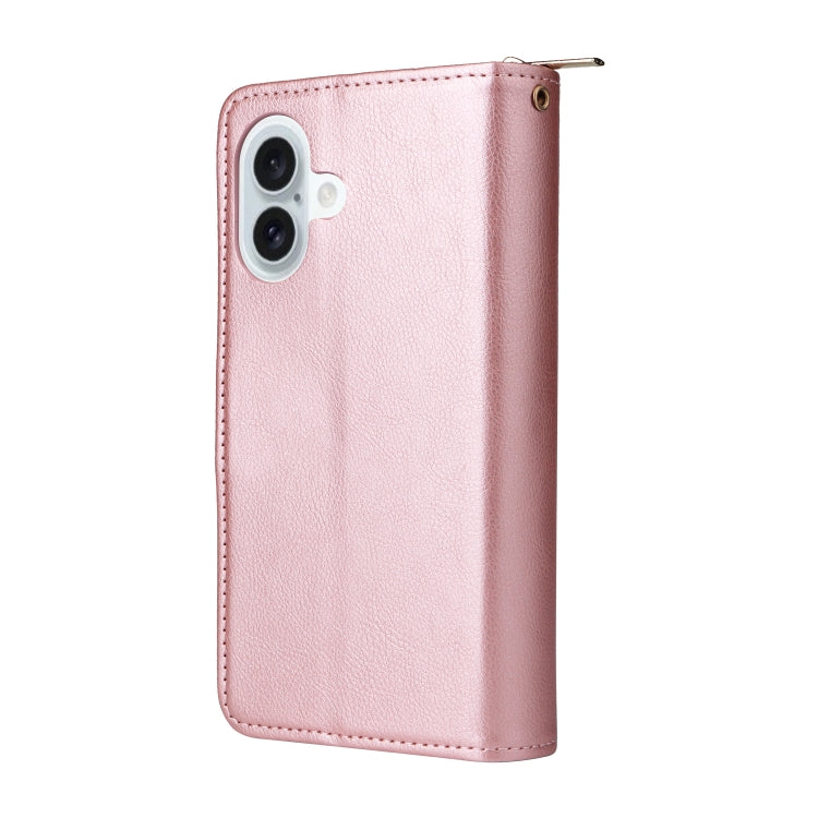 For iPhone 16 Plus 9 Card Slots Zipper Wallet Bag Leather Phone Case(Rose Gold)