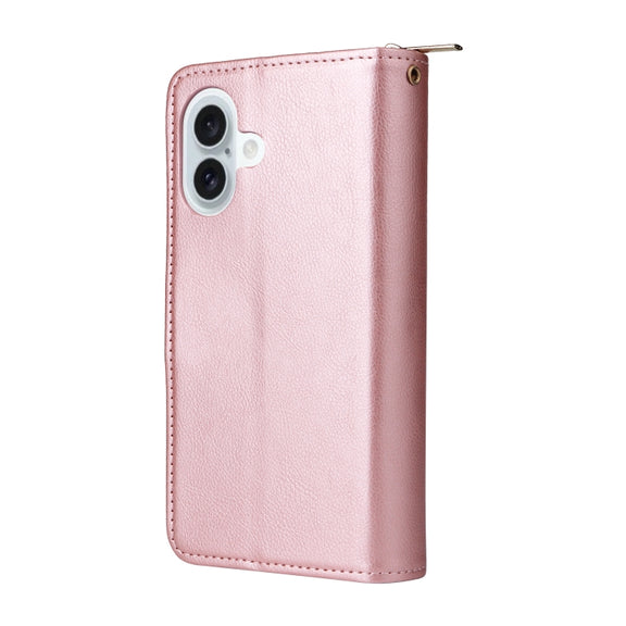 For iPhone 16 Plus 9 Card Slots Zipper Wallet Bag Leather Phone Case(Rose Gold)