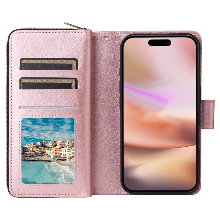 For iPhone 16 Plus 9 Card Slots Zipper Wallet Bag Leather Phone Case(Rose Gold)