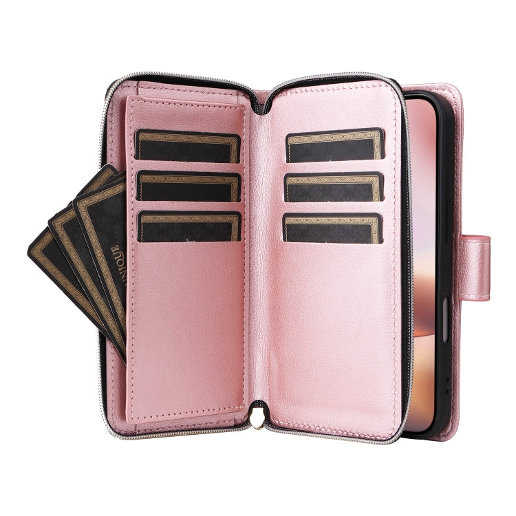 For iPhone 16 Plus 9 Card Slots Zipper Wallet Bag Leather Phone Case(Rose Gold)