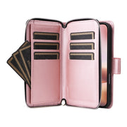 For iPhone 16 Plus 9 Card Slots Zipper Wallet Bag Leather Phone Case(Rose Gold)