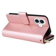 For iPhone 16 Plus 9 Card Slots Zipper Wallet Bag Leather Phone Case(Rose Gold)