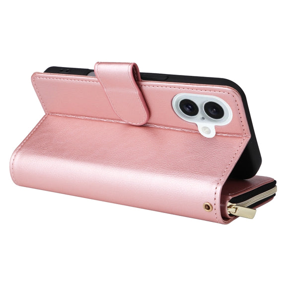 For iPhone 16 Plus 9 Card Slots Zipper Wallet Bag Leather Phone Case(Rose Gold)