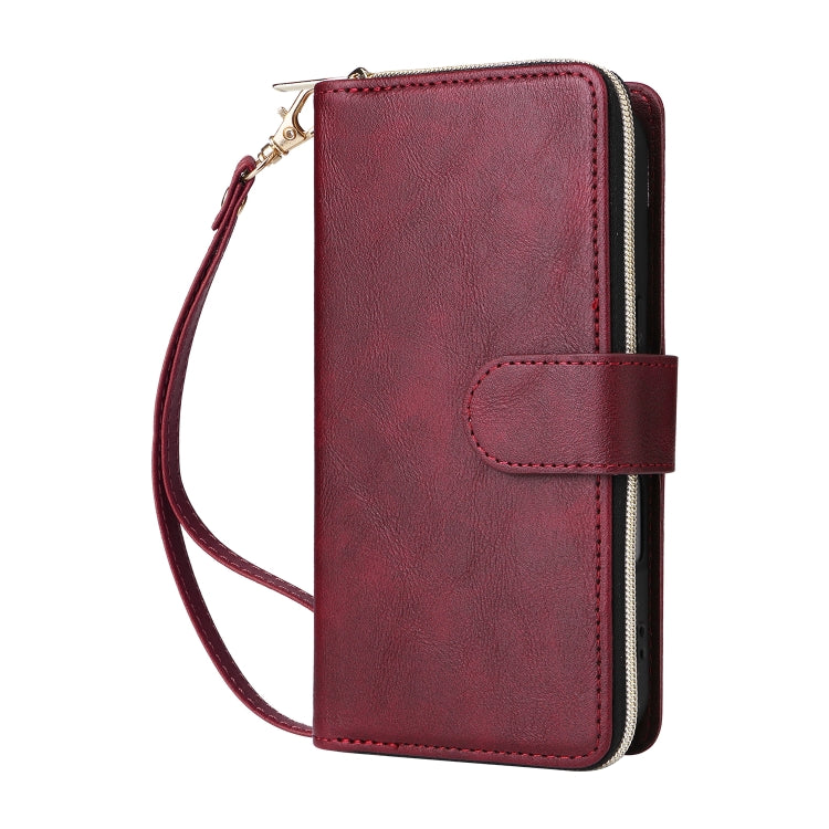 For iPhone 16 Plus 9 Card Slots Zipper Wallet Bag Leather Phone Case(Wine Red)