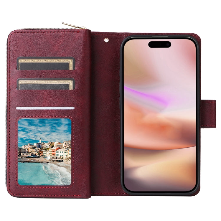For iPhone 16 Plus 9 Card Slots Zipper Wallet Bag Leather Phone Case(Wine Red)