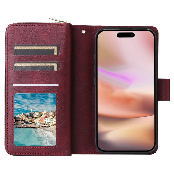 For iPhone 16 Plus 9 Card Slots Zipper Wallet Bag Leather Phone Case(Wine Red)