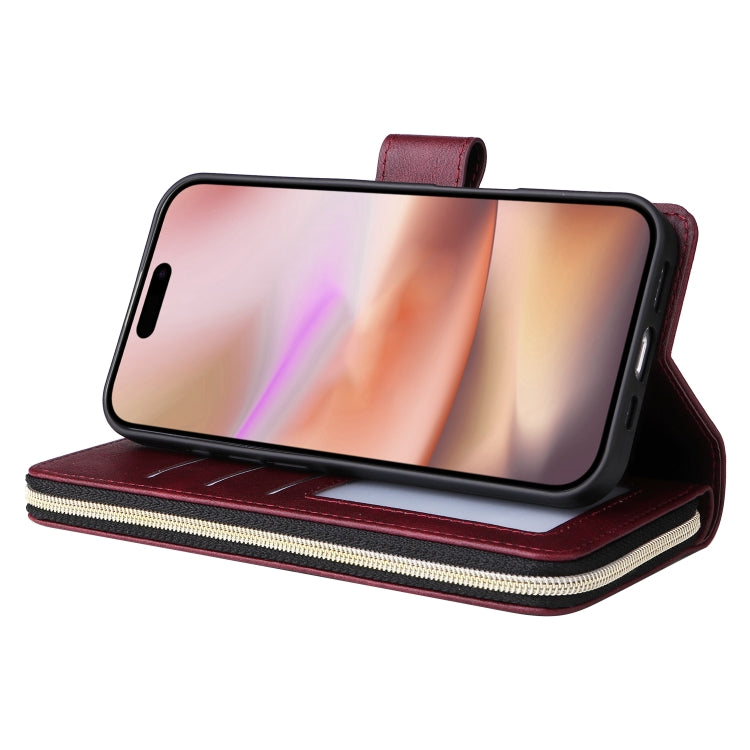 For iPhone 16 Plus 9 Card Slots Zipper Wallet Bag Leather Phone Case(Wine Red)