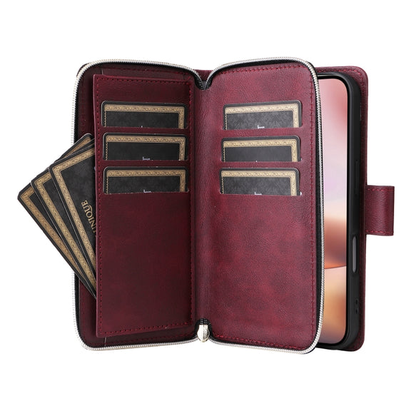 For iPhone 16 Plus 9 Card Slots Zipper Wallet Bag Leather Phone Case(Wine Red)