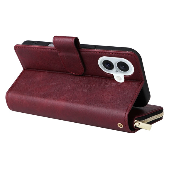 For iPhone 16 Plus 9 Card Slots Zipper Wallet Bag Leather Phone Case(Wine Red)
