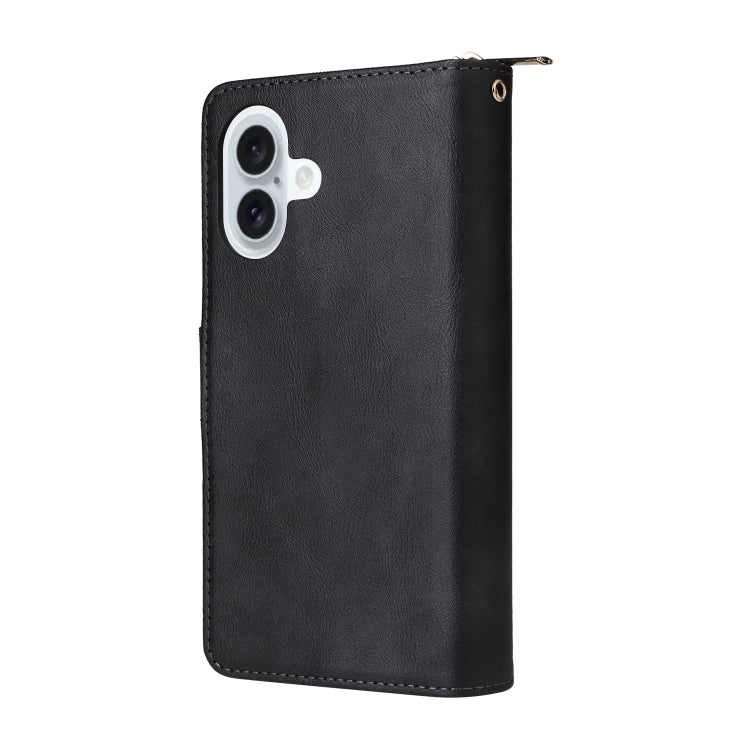 For iPhone 16 Plus 9 Card Slots Zipper Wallet Bag Leather Phone Case(Black)