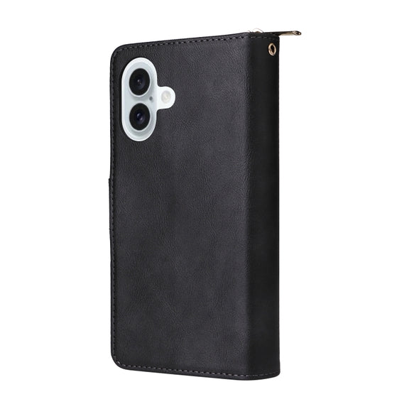 For iPhone 16 Plus 9 Card Slots Zipper Wallet Bag Leather Phone Case(Black)