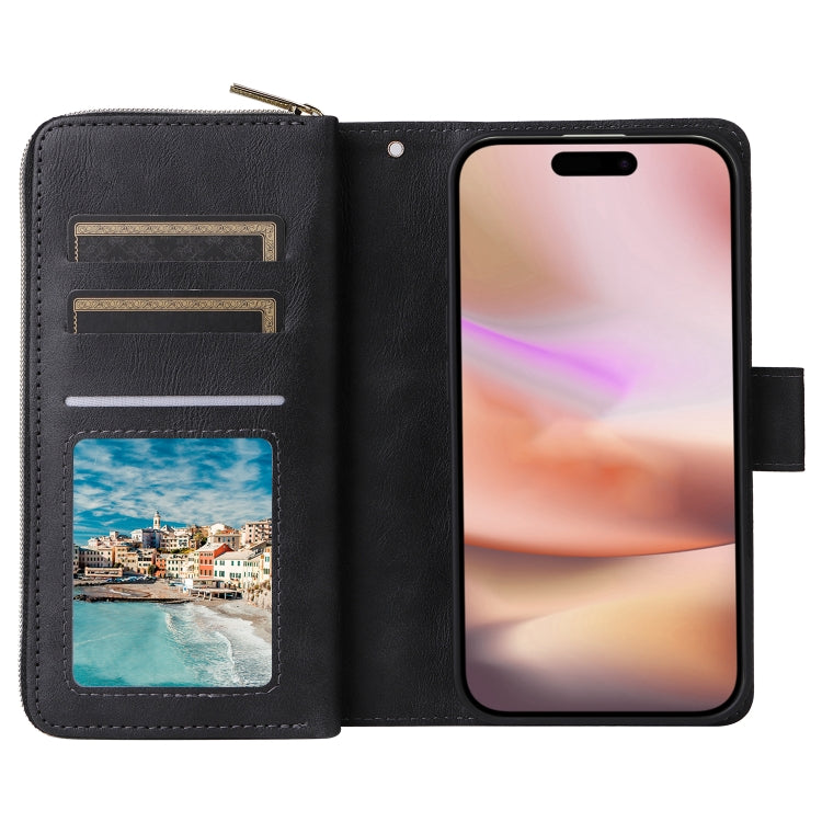 For iPhone 16 Plus 9 Card Slots Zipper Wallet Bag Leather Phone Case(Black)