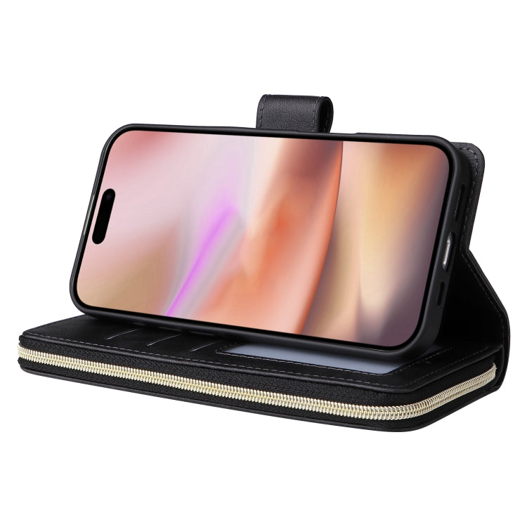 For iPhone 16 Plus 9 Card Slots Zipper Wallet Bag Leather Phone Case(Black)