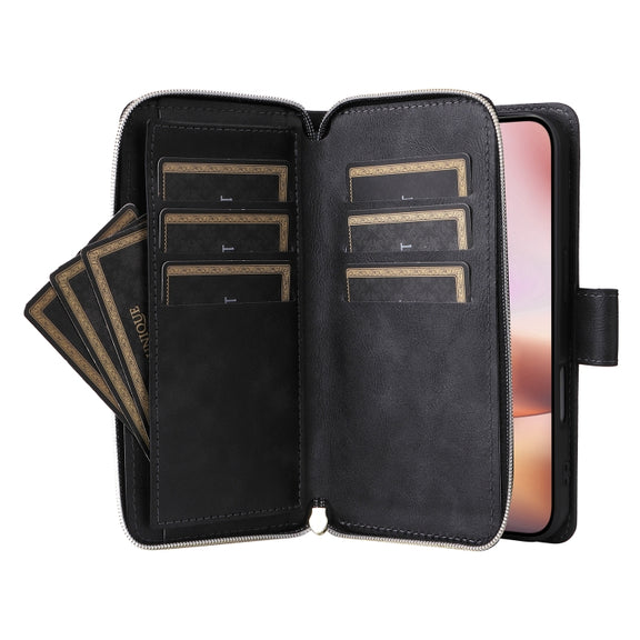 For iPhone 16 Plus 9 Card Slots Zipper Wallet Bag Leather Phone Case(Black)