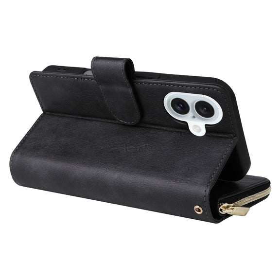 For iPhone 16 Plus 9 Card Slots Zipper Wallet Bag Leather Phone Case(Black)