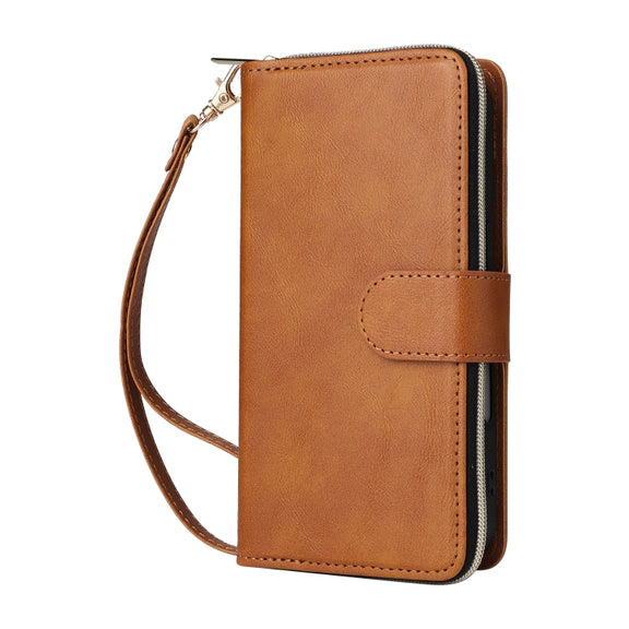 For iPhone 16 Plus 9 Card Slots Zipper Wallet Bag Leather Phone Case(Brown)