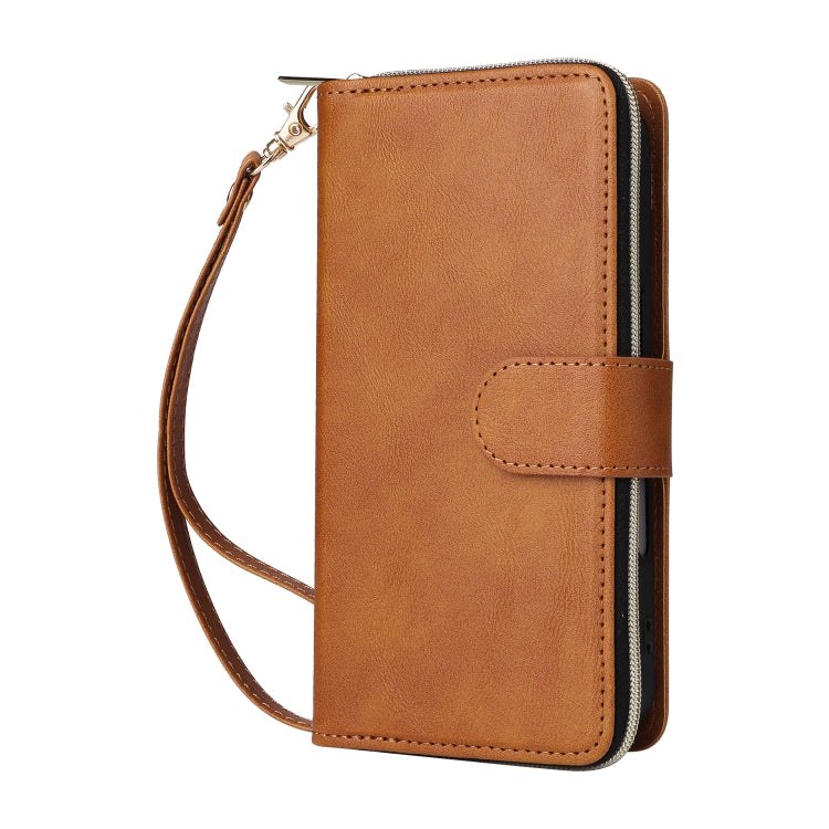 For iPhone 16 Plus 9 Card Slots Zipper Wallet Bag Leather Phone Case(Brown)