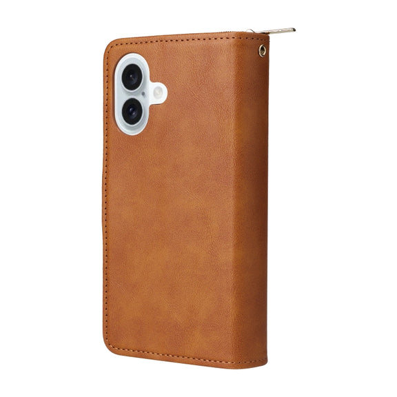For iPhone 16 Plus 9 Card Slots Zipper Wallet Bag Leather Phone Case(Brown)