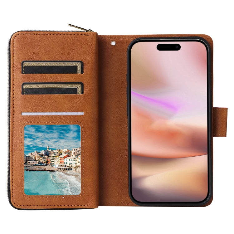 For iPhone 16 Plus 9 Card Slots Zipper Wallet Bag Leather Phone Case(Brown)