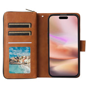 For iPhone 16 Plus 9 Card Slots Zipper Wallet Bag Leather Phone Case(Brown)