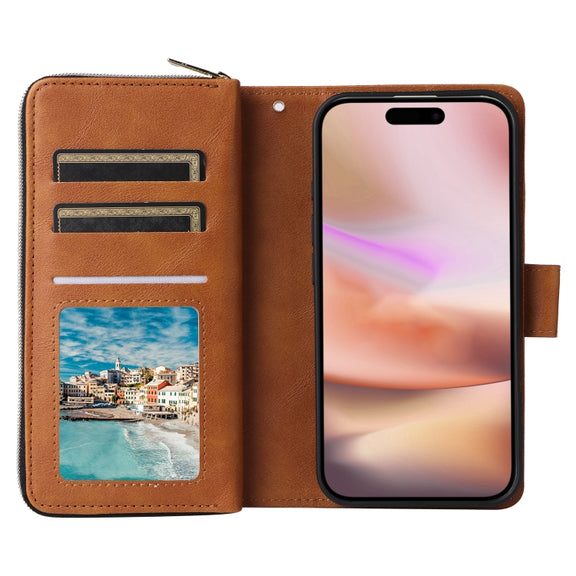 For iPhone 16 Plus 9 Card Slots Zipper Wallet Bag Leather Phone Case(Brown)