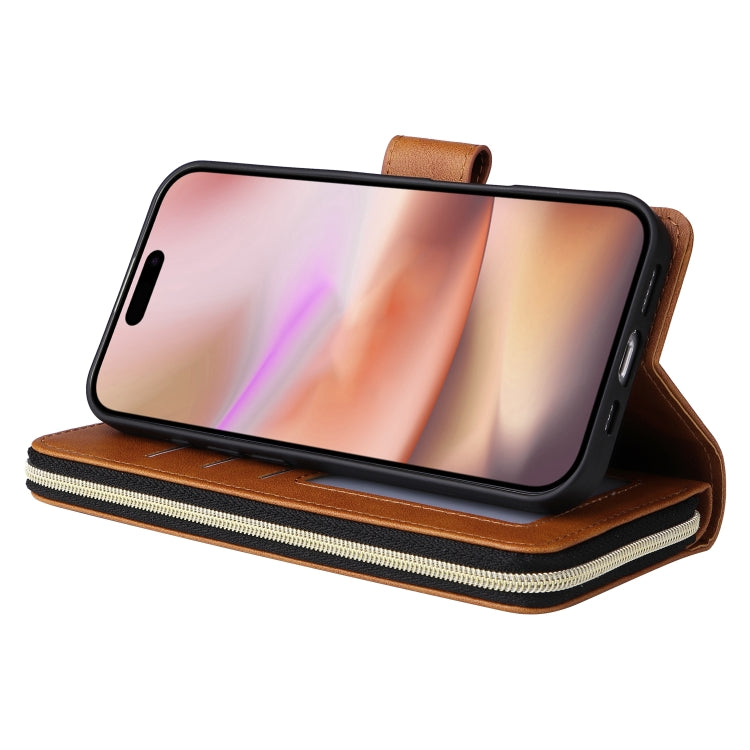 For iPhone 16 Plus 9 Card Slots Zipper Wallet Bag Leather Phone Case(Brown)