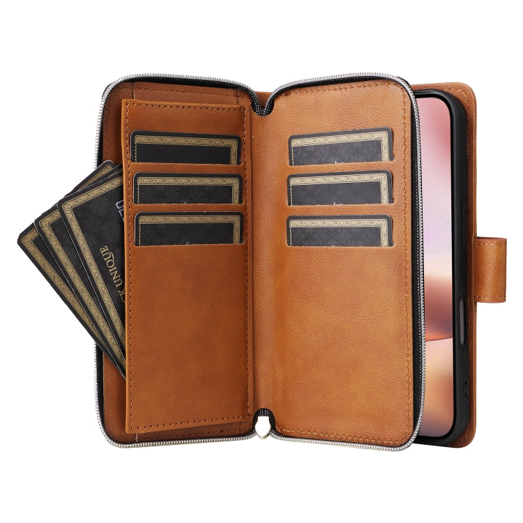 For iPhone 16 Plus 9 Card Slots Zipper Wallet Bag Leather Phone Case(Brown)